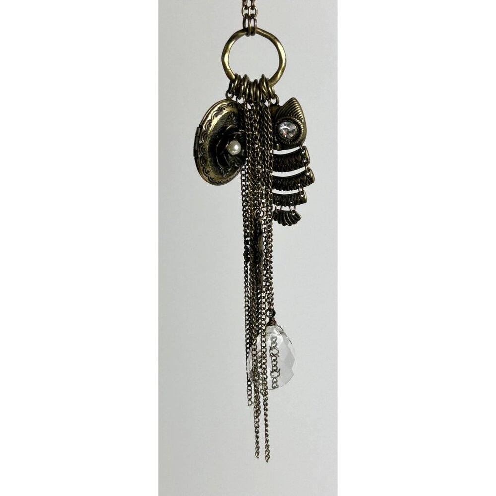 Vintage Brass Locket & Owl Pendant Necklace With Chains & Crystal Accents Costum